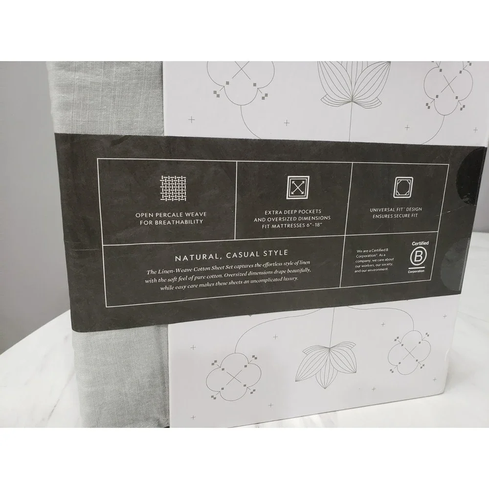 NEW IN COLOR FOG Malouf Linen-Weave Cotton Sheet Set QUEEN gray solid